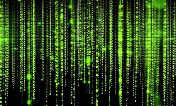 Green digital rain, binary code, data stream, technology background, futuristic concept