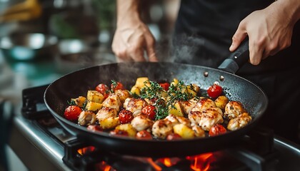 Chef cooking chicken, potatoes, and tomatoes in a pan in a kitchen