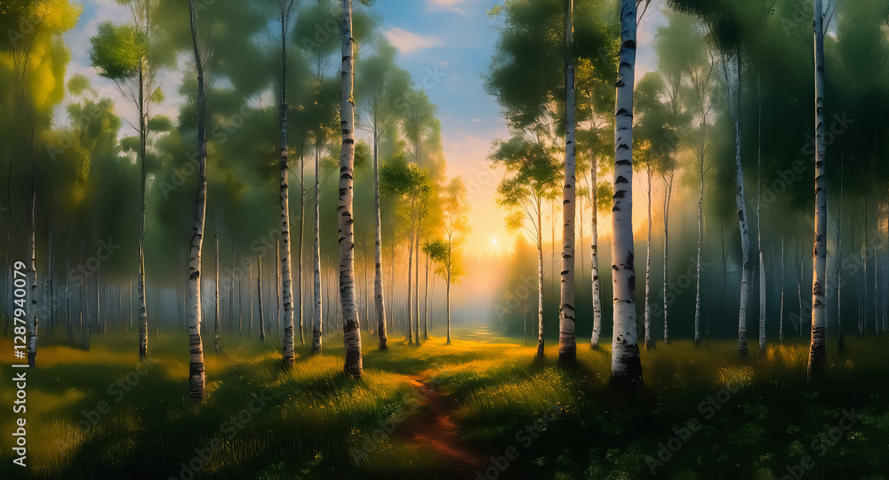 Poster a path winds through a serene birch forest bathed in warm sunlight filtering through the tall trees,