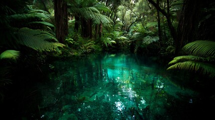 Dark Lush Forest River with Emerald Green Water Reflection
