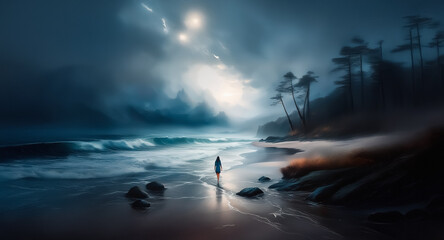 A lone figure walks along a misty beach at dusk, as waves gently lap the shore. Rays of light pierce through the cloudy sky above the trees lining the coast.