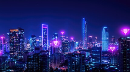 Obraz premium Nighttime Cityscape with Neon Lights and WiFi Signals