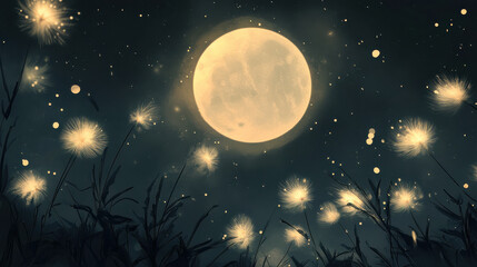 A captivating night illustration highlighting fluffy luminescent seed pods floating gently in the moonlit air