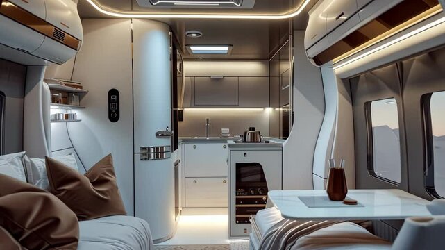 Explore a sleek interior of a modern luxury camper featuring elegant furnishings and a fully equipped kitchen, designed for utmost comfort