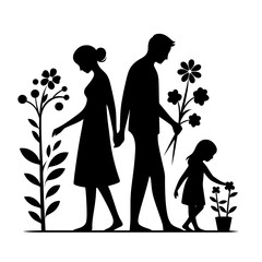 Silhouette of a family gardening together