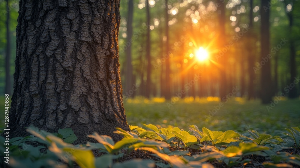 Poster tranquil forest with sun rays filtering through trees, lush green undergrowth. serenity and nature r