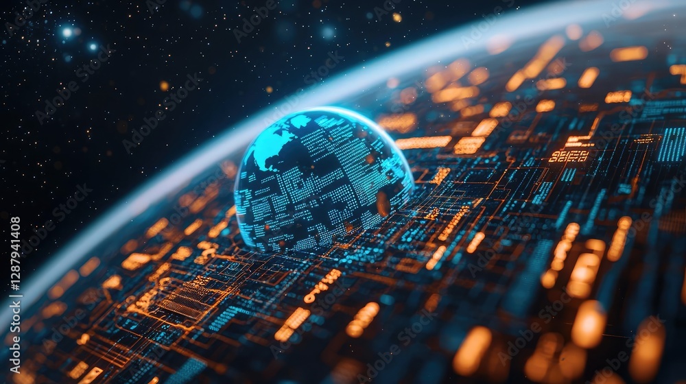 Poster earth day environmental idea. futuristic digital representation of a planet surrounded by circuits a