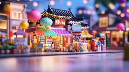 Colorful miniature street market with lanterns and vendor stalls at night
