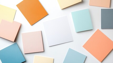 Colorful paper sheets scattered on a white background, showcasing a vibrant palette and creative arrangement.