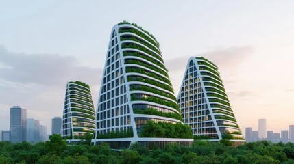 Earth day environmental idea. Modern eco-friendly buildings with lush greenery, showcasing innovative architecture.