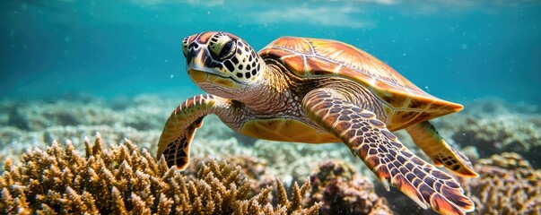 Fototapeta premium Earth day environmental concept. A vibrant sea turtle gracefully gliding through crystal clear ocean waters.