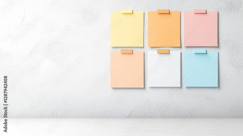 Poster colorful sticky notes on a white textured wall, arranged in a neat grid pattern, creating a minimali