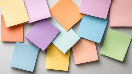Fototapeta premium Colorful sticky notes scattered on a table, perfect for office organization and creative brainstorming sessions.