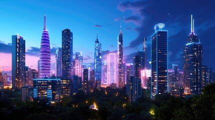 Obraz premium Vibrant City Skyline at Dusk with Colorful Neon Lights and Towers