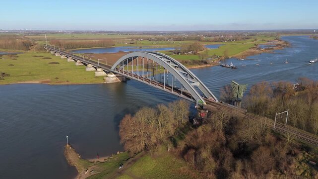 Aerial View the Culemborg Railway Bridge Over the Lek River