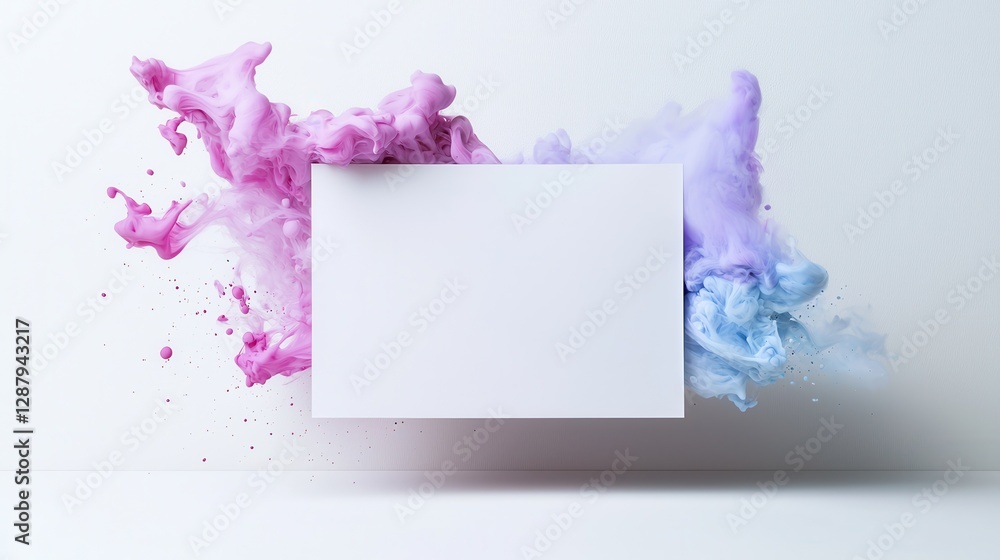 Poster dynamic abstract splash of pink and purple paint with floating blank canvas on white background.
