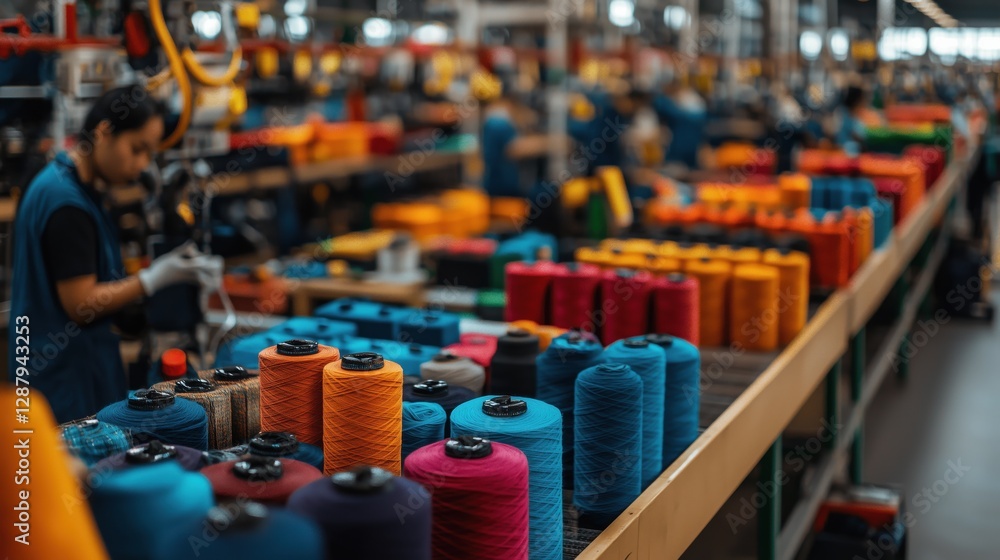 Poster vibrant spools of thread arranged neatly in a large industrial factory setting with workers focusing