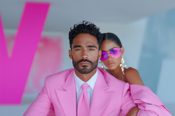 Fashion couple (woman and man) in pink dress. Handsome man