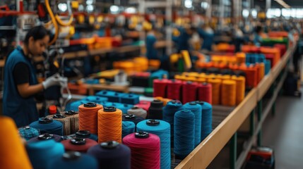 Vibrant Spools of Thread Arranged Neatly in a Large Industrial Factory Setting with Workers Focusing on Textile Production