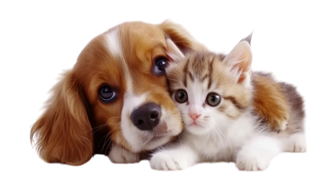 Dog and cat snuggling together in a cozy moment showcasing friendship and love in a playful indoor setting