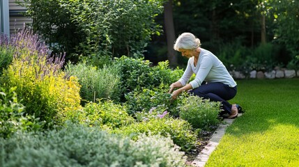 Senior living woman tending to her herb garden in her backyard. Featuring growth and nourishment