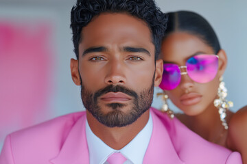 Fashion couple (woman and man) in pink dress. Handsome man