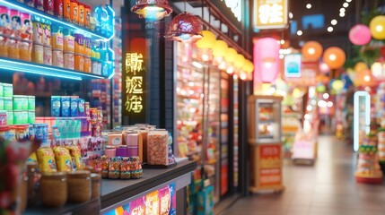Obraz premium Colorful Asian Market Aisle with Bright Neon Signs and Products