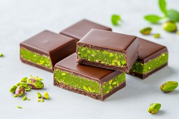 Slices of Dubai chocolate with pistachio paste and kataifi inside lie on a light gray table, next to chopped pistachios. Concept Sweet food, food photography, for bakeries and cafes, popular desserts