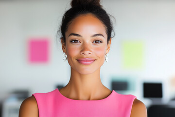 Beautiful woman (face portrait) in the office. Smile on face, brunette, looking at camera