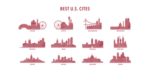 Best USA cities to live - logo, icon collection with skylines of Honolulu, Seattle, Washington, Chicago, Boston, Miami, San Francisco, Nashville, Denver, New York. Red watercolor style