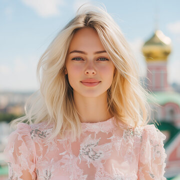Beautiful russian woman (face portrait) on the street. Lifestyle, pink dress, hair, summer, city, Moscow