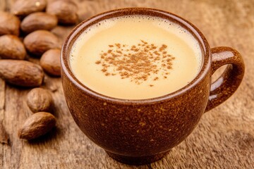 Fototapeta premium Creamy Coffee Beverage In Rustic Mug With Nuts
