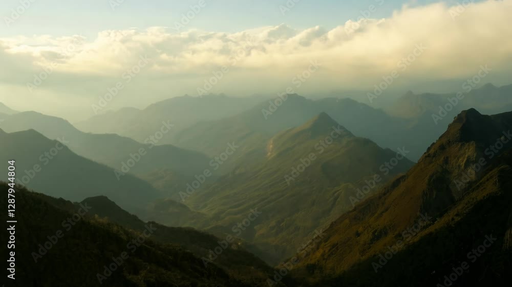 Poster Static video with subtle parallax effect, layered, atmospheric lighting, animation of mountains in the distance with clouds rolling through them on a scenic background