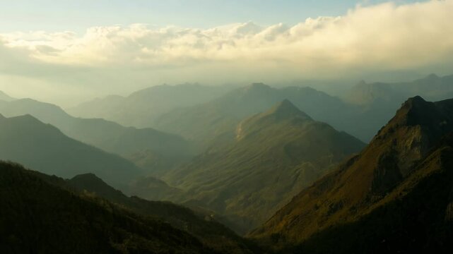 Static video with subtle parallax effect, layered, atmospheric lighting, animation of mountains in the distance with clouds rolling through them on a scenic background