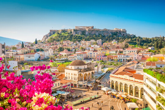 Skyline of Athenth with Moanstiraki square and Acropolis hill, Athens Greece