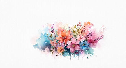 Naklejka premium A vibrant splash of watercolor flowers in soft pastel hues creates a delicate and artistic floral arrangement against a clean white backdrop.