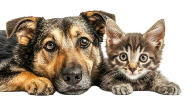 Adorable dog and kitten resting together on a white background, showcasing their bond and playful nature