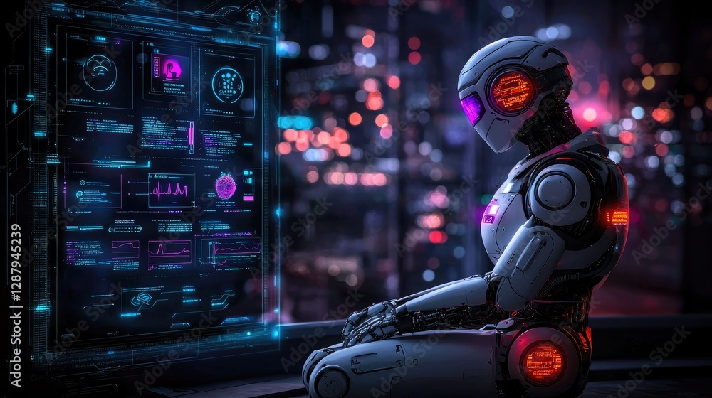 Poster futuristic robot analyzing data in high-tech urban environment