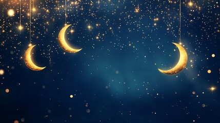 Glowing crescent moons and stars in deep blue and gold gradient for celebrating Eid in a magical night sky. Generative AI