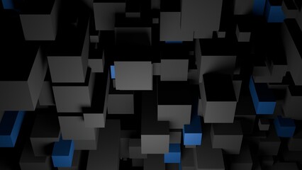 Dark geometric background with floating cubes and blue highlights