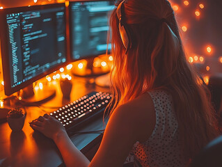 A young woman, bathed in warm, ambient lighting, intensely focuses on coding displayed on dual monitors. Her headphones suggest concentration and perhaps collaboration.