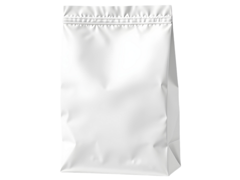 A white, stand-up pouch with a zipper closure is presented