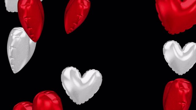 Colorful red and white heart balloons fly up on background. Animation for Valentines day. Happy Valentines Day. 3D animation.