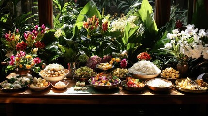 Fototapeta premium Vibrant Array of Exotic Dishes Surrounded by Lush Greenery