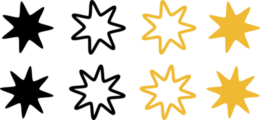 Star. Stars rating. Set of five stars yellow and black color. Quality symbol. Feedback concept. Linear design. Stars png icons isolated on transparent background. png illustration