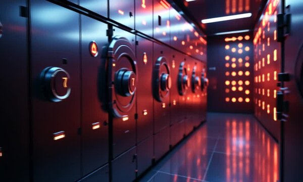 Secure server room; red lights; data center; digital security; technology