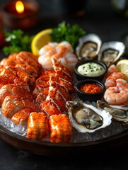Delicious seafood platter with lobster, shrimp, and oysters on ice