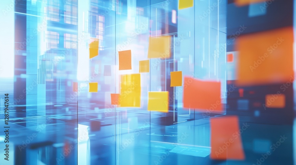 Poster modern office brainstorming scene with sticky notes on a glass panel, blurred to suggest a fast-pace
