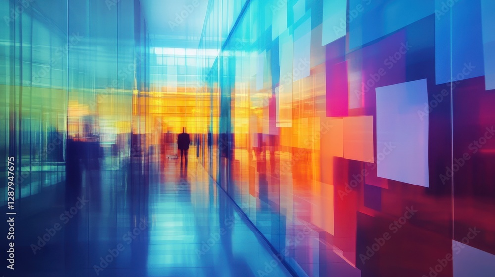 Poster modern office brainstorming scene with sticky notes on a glass panel, blurred to suggest a fast-pace