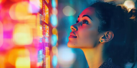 Woman reflecting on her business growth while checking analytics.